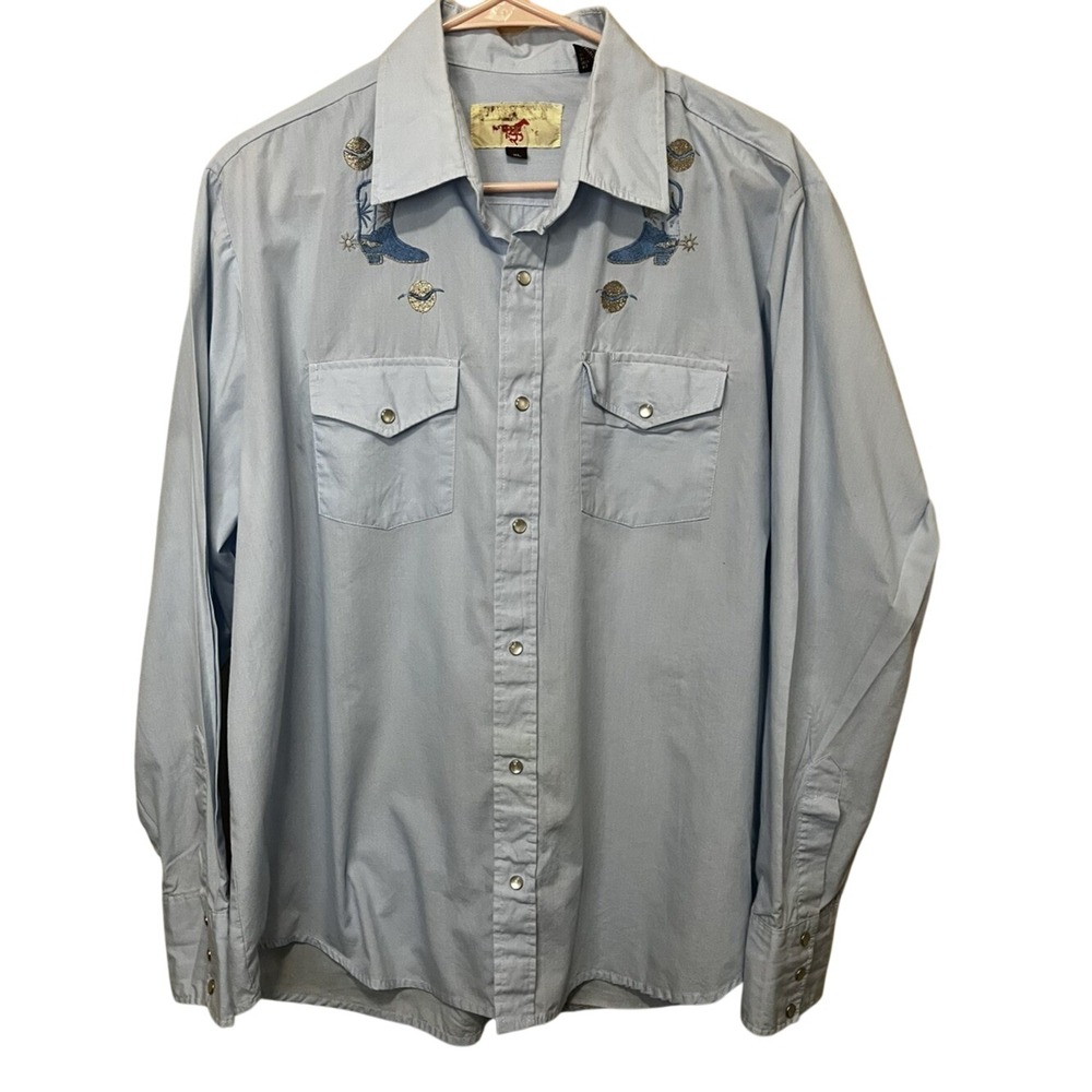 VTG Western Shirt Light Blue Embroidered XL Mens Cowboy Long Sleeve Retro Unisex